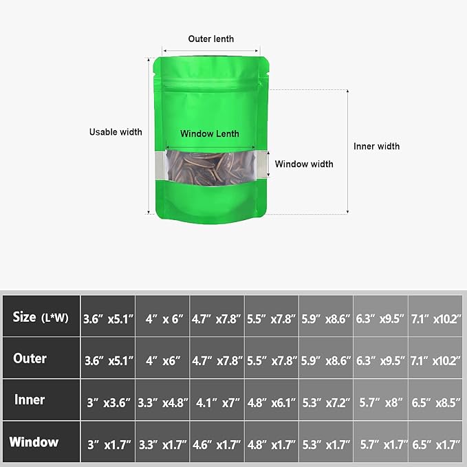 3.5"x5" 120pcs Mylar Bags for Food Storage,Smell Proof Bag with Matte Window Resealable Food Storage Bags for Small Business, Stand-up Foil Pouch Packaging Freeze Dried Candy Bag(Green)
