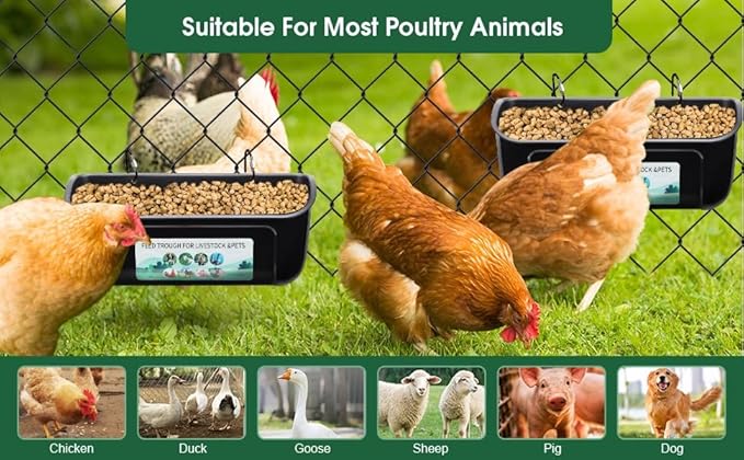 2 Pack Chicken Duck Dog Feeder, Poultry Feeders and Waterers, Hanging Goat Feeder, Livestock Feeding Container, Feed Trough and Waterer Bucket with Clips (Black)