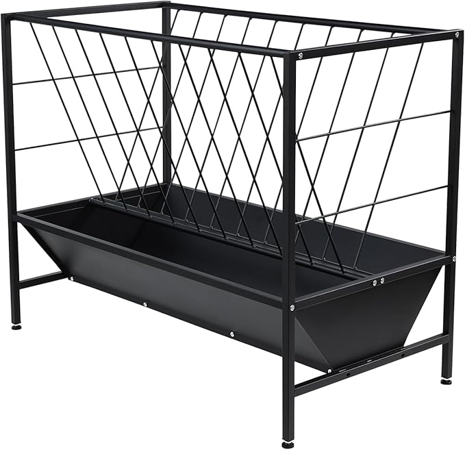 Yahpetes Pasture Hay Feeder 2 in 1 Goat Feeder 69 Gallon Capacity Livestock Rack 42.9''L X 20.5''W Hay Grain Livestock Feeder with V-Shaped Top Rack & Feed Pan for Sheep Farms Sheds