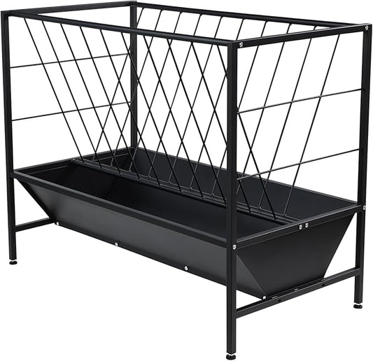 Yahpetes Pasture Hay Feeder 2 in 1 Goat Feeder 69 Gallon Capacity Livestock Rack 42.9''L X 20.5''W Hay Grain Livestock Feeder with V-Shaped Top Rack & Feed Pan for Sheep Farms Sheds