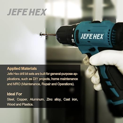 JEFE HEX 3/16 Inch Twist Drill Bit with 3-Flat Shank, High Speed Steel, 135 Degree Split Point, Ideal for Steel/Aluminum/Zinc Alloy/Wood/Plastic, General Purpose Use (3-Piece)