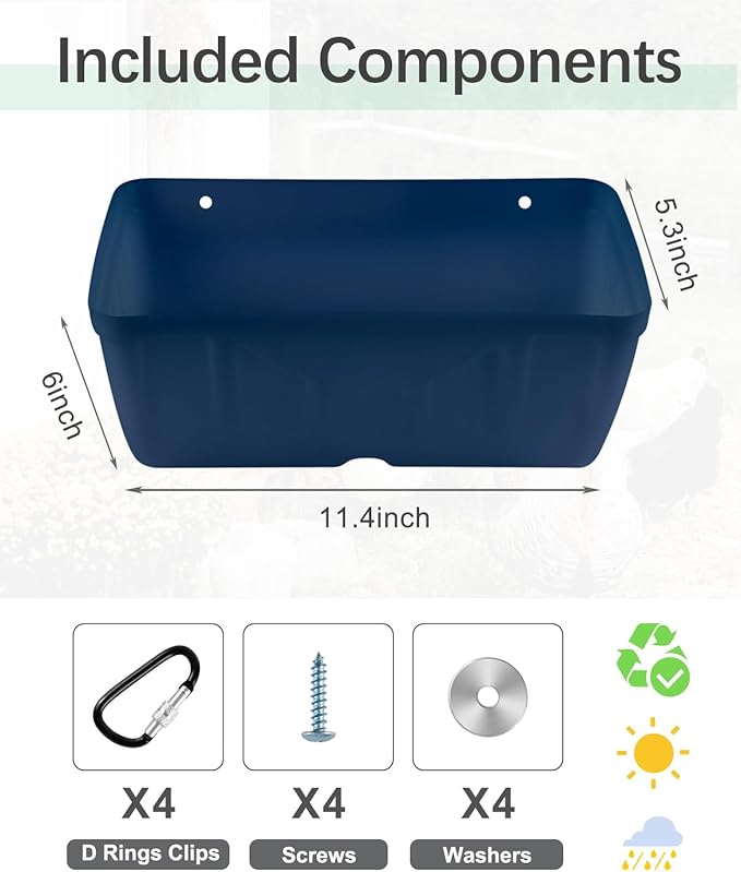 Chicken Feeders, 2 Pack, Duck Feeders and Waterers, Hanging Poultry Water Feeder, Livestock Fence Feeder, Feed Trough and Waterer Bucket with Clips, Blue