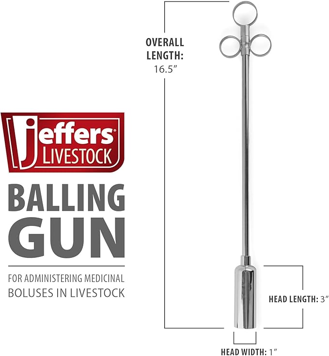 Jeffers Livestock Balling Gun with Metal Head, 16.5" Long – Durable Chrome Plated Brass Tool for Cattle, Sheep, Goats, Aluminum Handle and Reinforced Head for Easy Use, Farm and Barn Supplies