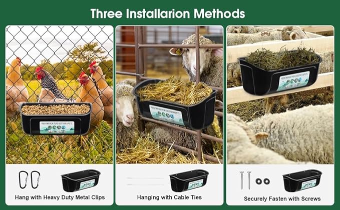 2 Pack Chicken Duck Dog Feeder, Poultry Feeders and Waterers, Hanging Goat Feeder, Livestock Feeding Container, Feed Trough and Waterer Bucket with Clips (Black)