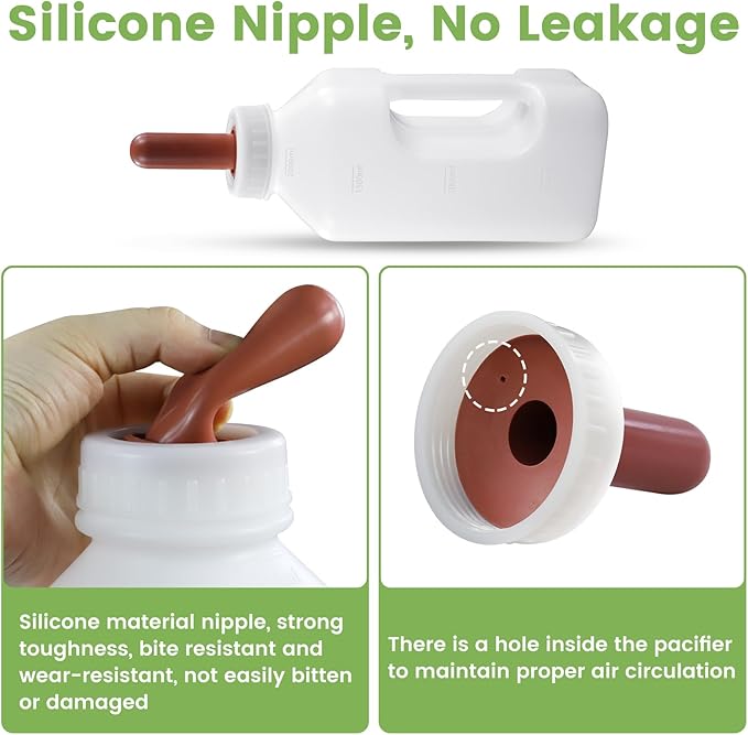 Livestock Bottle Feeding Kit, 2L Calf Milk Feeder with 3 Silicone Nipples, White, BPA-Free Plastic Bottle with Slow Flow Design for Farm Animals
