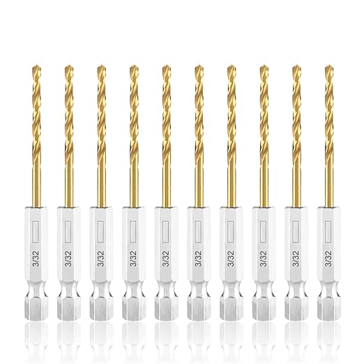 amoolo 3/32 Twist Drill Bit Set, 10Pcs Titanium HSS Hex Shank Impact Drill Bit Set for Metal, Steel, Wood, Plastic, Quick Change Design