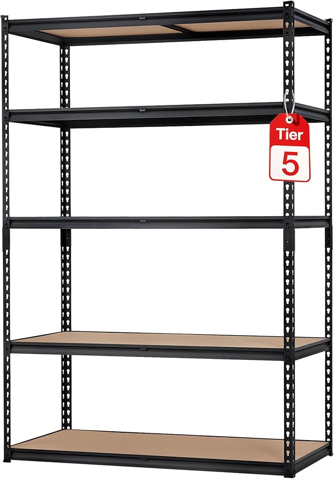 CABIHOME Garage Storage Shelves 5 Tiers, 48" W x 18" D x 72" H Heavy Duty Metal Shelving Unit, 2500 LBS Capacity Adjustable Boltless Storage Rack with MDF Boards for Garage, Pantry, Basement, or Wareh