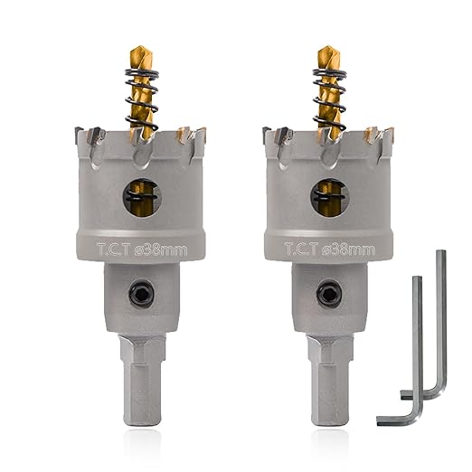 1-1/2'' (38mm) Hole Saw Heavy Duty Carbide 2-Pack Tungsten Carbide Tipped Hole Cutters cuts Stainless Steel, mild Steel, Iron, Copper, Brass, Plastic Titanium-Plated Pilot Drill Bits