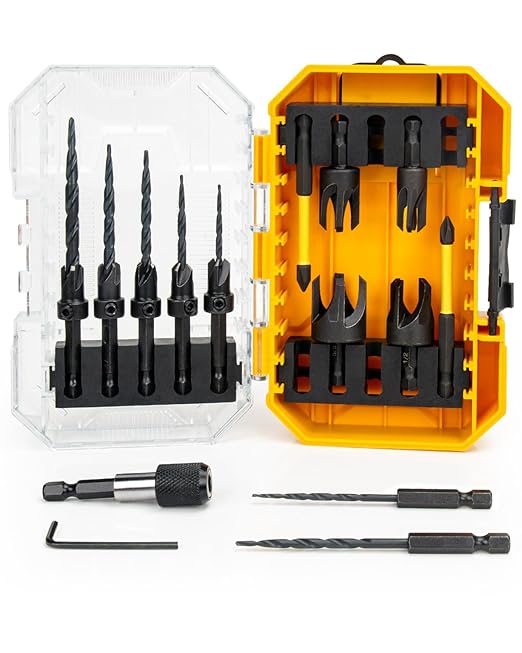 16PCS Countersink Drill Bit Set, Adjustable Depth Tapered Drill Bits with 4 Wood Plug Cutters & 1/4" Hex Shank, Counter Sink Drill Bit for Wood with Storage Box