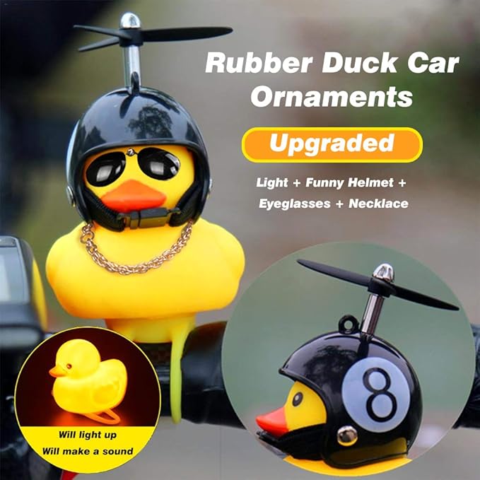 wonuu Rubber Duck Toy Car Ornaments Yellow Duck Car Dashboard Decorations Squeeze Duck Bicycle Horns with Propeller Helmet