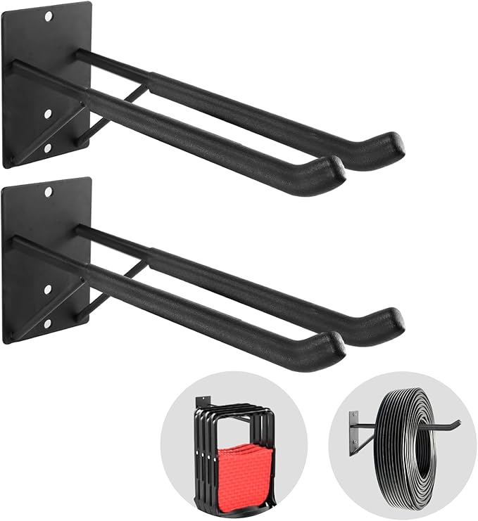 14" Large Heavy Duty Garage Hooks, 2-Pack Steel Garage Storage Hooks with Support Rods, Utility Wall Mount Hangers for Power Tools, Car Tires, Ladders, Chairs, Garden Tools and More