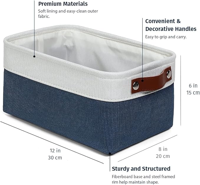 OrganiHaus Small Fabric Storage Baskets for Shelves 3 Pack, 12x08in Closet Storage Bins for Shelves, Canvas Baskets for Organizing, Linen Closet Organizers, Cloth Basket, Navy Blue/Off-White