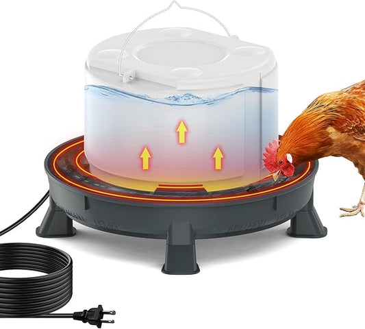 4.28L Heated Chicken Waterer - Winter Freeze-Proof Heated Poultry Waterer, 84W Hanging Chicken Water Heater with 4 Detachable Leg Support, Poultry Water Fountain for Chickens, Ducks（Round）