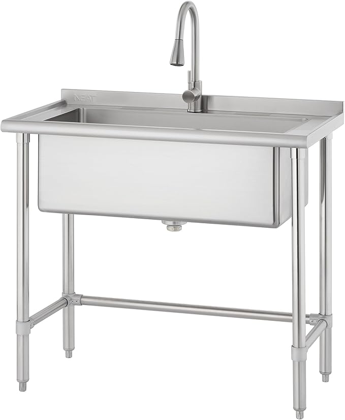 EcoStorage Stainless Steel Utility Sink, Oversized Freestanding Single Bowl Utility Sink, Pull-Out Faucet, Garage, Laundry Room, Business, NSF Certified, 40"W x 22"D x 50"H (NHA-0319)