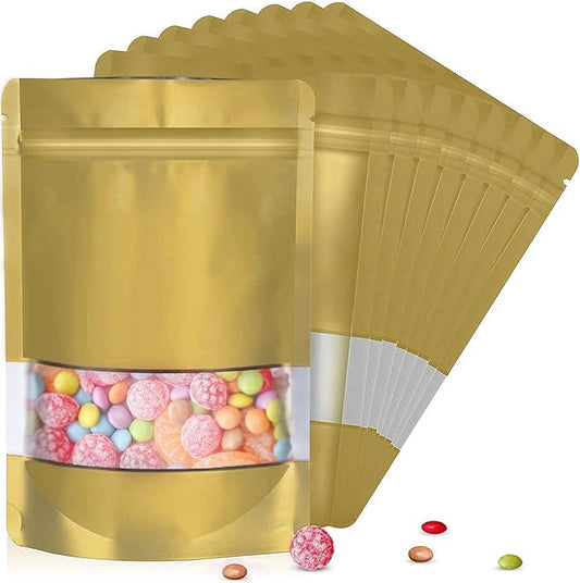 3.5"x5" 120pcs Mylar Bags for Food Storage,Smell Proof Bag with Matte Window Resealable Food Storage Bags for Small Business, Stand-up Foil Pouch Packaging Freeze Dried Candy Bag(Gold)