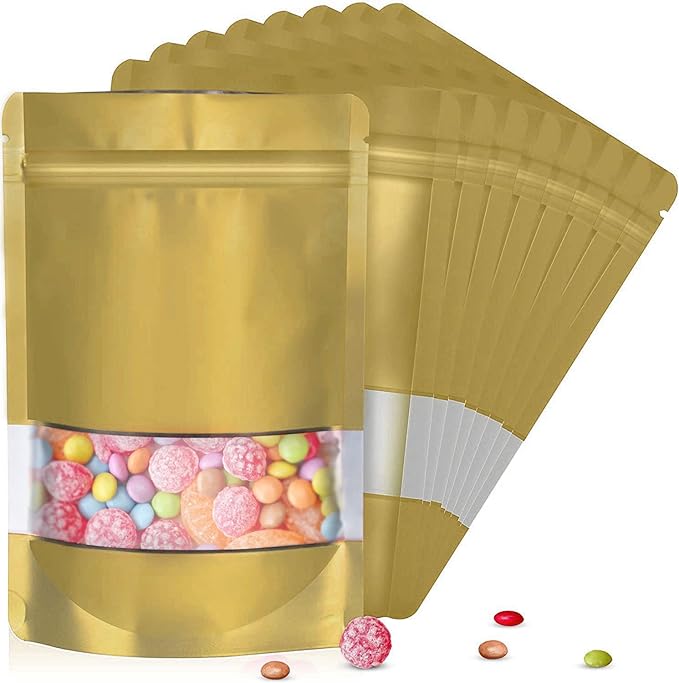 5.9"x8.6" 120pcs Mylar Bags for Food Storage,Smell Proof Bag with Matte Window Resealable Food Storage Bags for Small Business, Stand-up Foil Pouch Packaging Freeze Dried Candy Bag(Gold)
