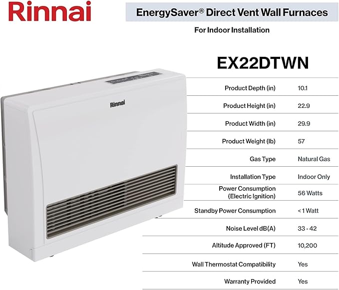 Rinnai EX22DTWN Direct Vent Wall Furnace, Indoor Natural Gas Heater, Energy Efficient Space Heater, 21,500 BTU, White