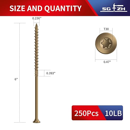 #14 x 6 Inch Deck Screws (250Pcs) 10lb. Carbon Steel, Yellow, Flat Head, Rust Resistant epoxy Coated, with T30 Star Bit