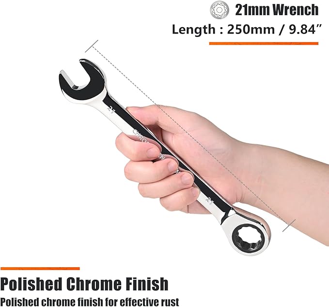 Egofine 21mm Ratcheting Combination Wrench Metric, Industrial Grade Gear Spanner with 12-Point Design, 72-Tooth Ratchet, Chrome Vanadium Steel
