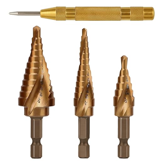 COMOWARE 3PCS M35 Cobalt Step Drill Bit Set with 1/4" Hex Shank, Automatic Center Punch, Two-Flute Impact Design, Ideal for Metal, Stainless Steel, Wood, Plastic