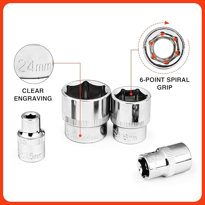 Egofine 21pcs 3/8 Inch Ratchet Socket Wrench Set, Drive Socket Set with 19 Sockets, 6-24mm sockets and 2 Way Quick Released Ratchet Handle and Extension Bar