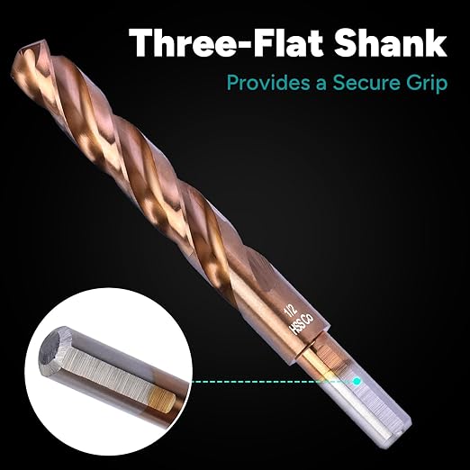 3/8" 3-Flute Cobalt Drill Bits, M35 Metal Drill Bits for Metal and Steel, 3-Flats Shank, 135 Degree Split Point, for Hardened Steel, Stainless Steel, 5-Piece