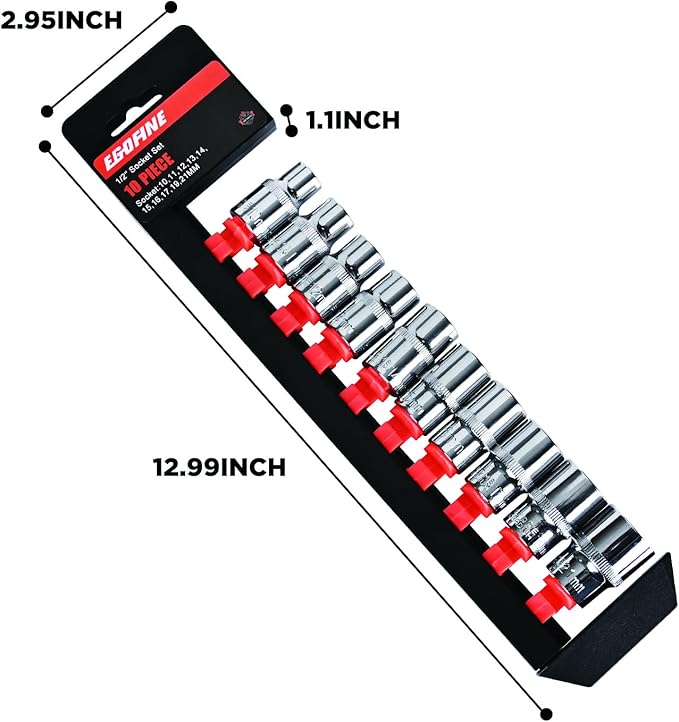 Egofine 10PCS 1/2” Drive Standard Socket Set,Shallow and Metric Socket Set（10mm-21mm,6 Point,With Hanging Bracket,Cr-V Steel
