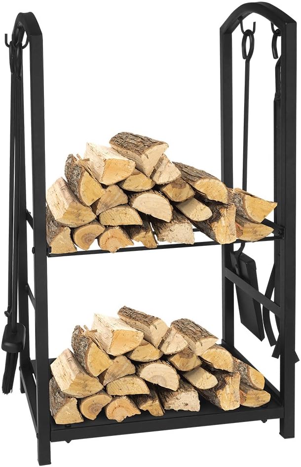 ATR ART TO REAL Firewood Log Rack Fireplace Tool Sets Black Wrought Iron Firewood Storage Holder Fireplace Wood Carrier Fireside Lumber Stacking Log Bin Brush Shovel Poker Tongs 17.8 x 11.8 x 29.3in