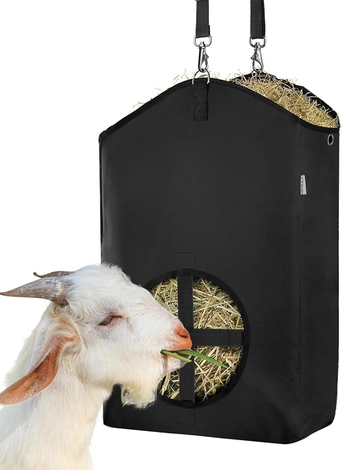 Goat Hay Feeder,Hay Bags for Goats,Horses,Sheep,Premium 600D Oxford Cloth,with Metal Fastener and Adjustable Open Feed Hole for Slow Feeding,Easy to Fill and Hang with Large Opening (Black)