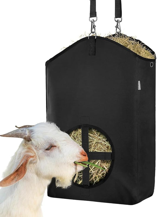 Goat Hay Feeder,Hay Bags for Goats,Horses,Sheep,Premium 600D Oxford Cloth,with Metal Fastener and Adjustable Open Feed Hole for Slow Feeding,Easy to Fill and Hang with Large Opening (Black)