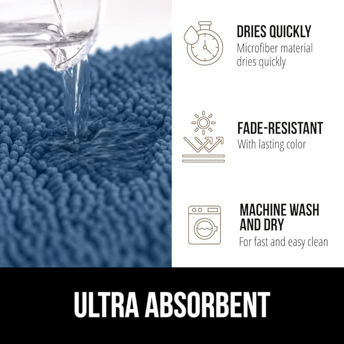 GORILLA GRIP Bath Rug Mat 44x26, Thick Soft Absorbent Chenille, Quick Dry Microfiber Mats, Rubber Backing Washable Shower Floor Rugs, Bathmat Runner, US Designed Bathroom Home Decor Accessories Blue