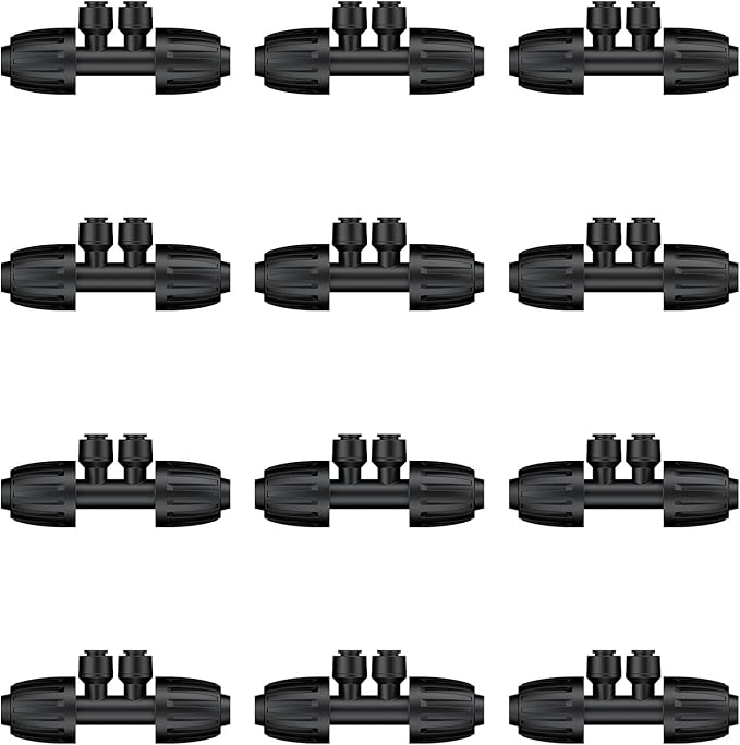 Pawfly 12 Pcs 1/2'' to 1/4'' Drip Irrigation Fittings, 4-Way Barbed Tee Quick Connectors with Anti-Drop Locked Nuts, Push-to-Fit Drip Irrigation Parts for Garden Lawn, Anti-Leak Reducing Tees