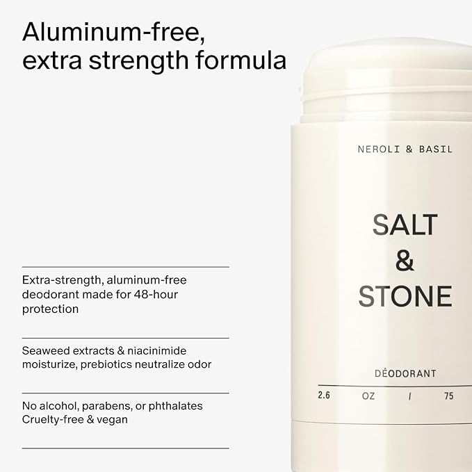 SALT & STONE Aluminum Free Deodorant | Extra Strength 48 Hour Protection for Women & Men | Made with Seaweed Extracts, Niacinamide & Prebiotics (Neroli & Basil)
