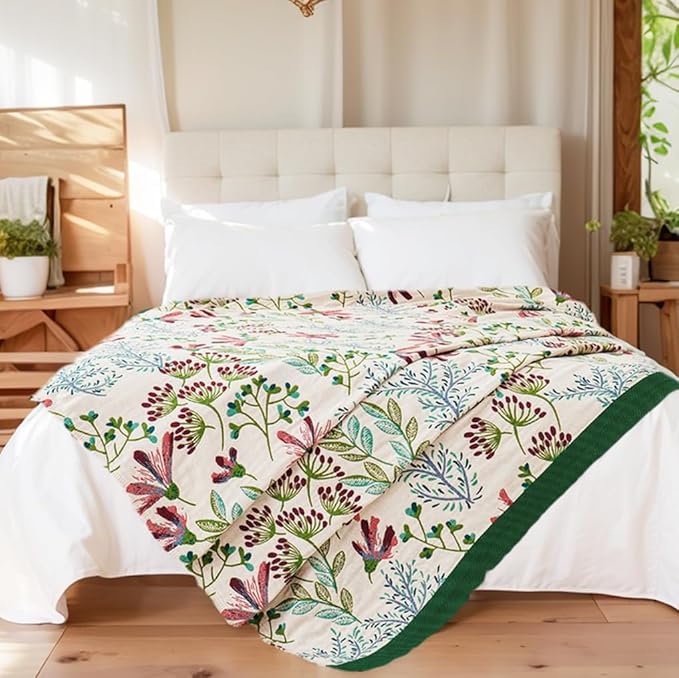 Boho Throw Blanket, 100% Organic Cotton Breathable Ultra Soft 80" x 90" Bed Quilt Throw - All Season Floral Rustic Farmhouse Decor Luxury Reversible Blanket for Sofa Couch Chair and Gift
