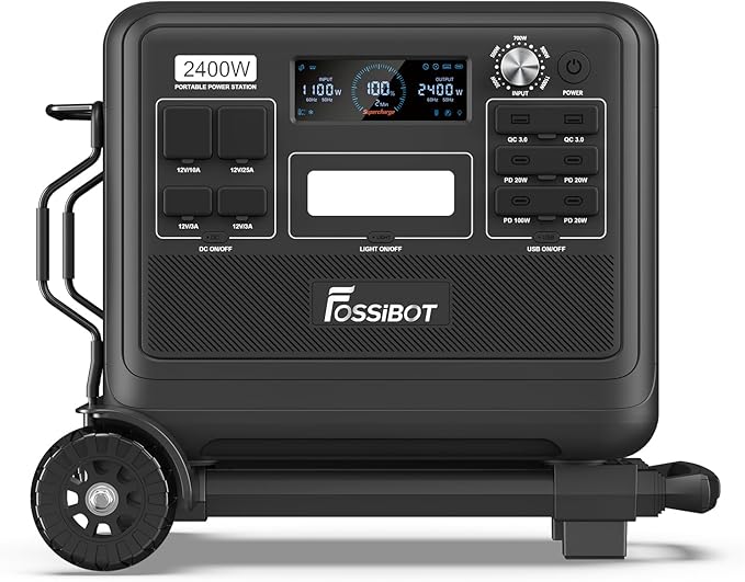 FOSSiBOT Portable Power Station F2400 with Hand Truck, 2048Wh LiFePO4 Battery Backup, 6 x 2400W AC Outlets, 2 DC Ports/6 USB Ports Solar Generator for Outdoor Camping, Home Use, RV, Emergency