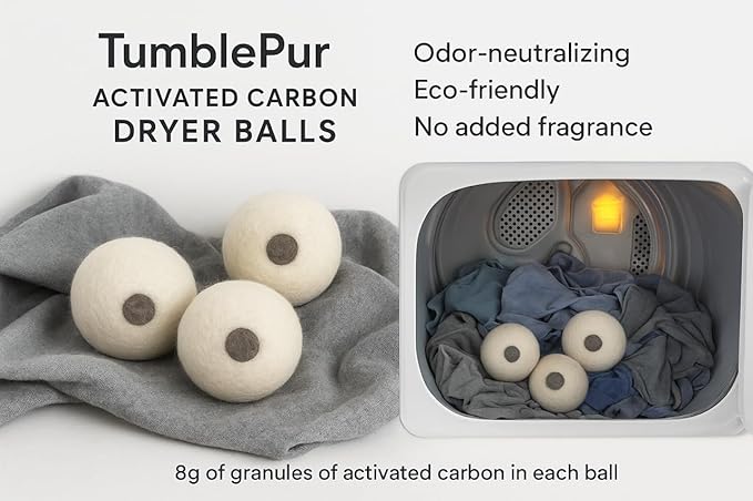 XL Wool Dryer Balls (3-Pack) with Activated Carbon – Odor Eliminating & Fragrance-Free Laundry Deodorizer, Natural Fabric Softener Alternative, Reusable Eco-Friendly Dryer Balls