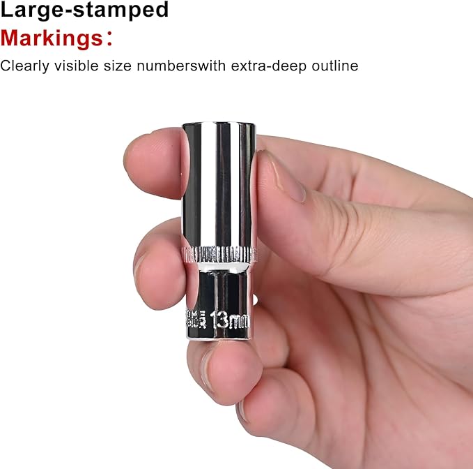 Egofine 10PCS 1/4” Drive Deep Socket Set,Metric Socket Set（4-13mm,6 Point Socket Set With Hanging Bracket,Cr-V Steel