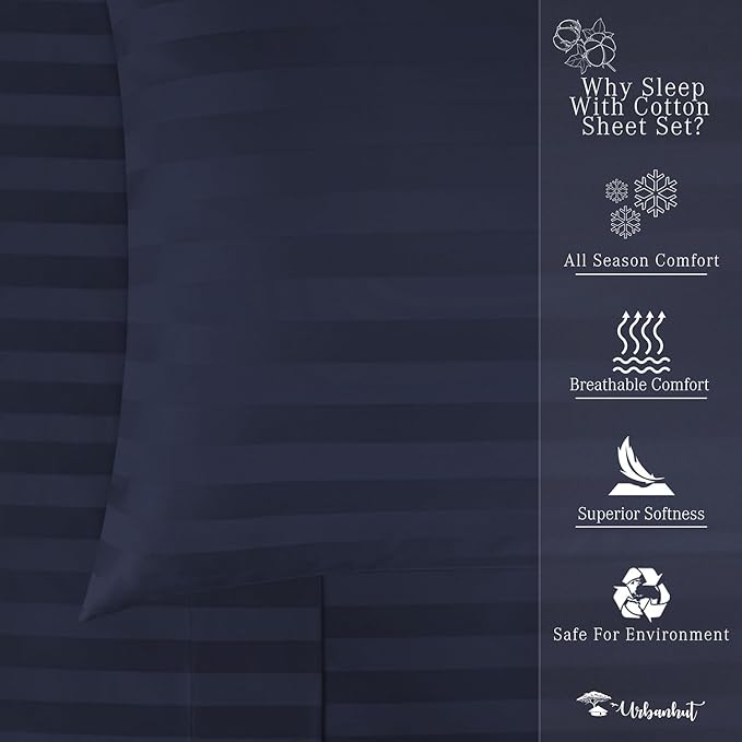 URBANHUT 1000 Thread Count Damask Striped Queen Sheet Set Egyptian Cotton Sheets, Long Staple Soft & Breathable, 4 Pc Bed Sheet Sets, Luxury Hotel Sateen Sheets Fits 16" Deep Pocket - Navy Blue