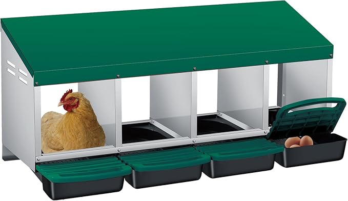 GarveeLife Chicken Nesting Box, 4 Compartments Laying Nest Boxes for Laying Eggs Chicken Brooder Box Nest Box with Perch 4 Hole Green