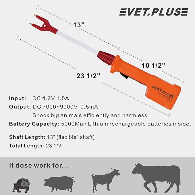 VET.PLUS Portable Cattle Prod Waterproof Livestock Prod for Cows Cattle Hogs Rechargeable Animal Prod for Big Large Dogs, Shaft Length 13", Total Length 23 1/2 inch