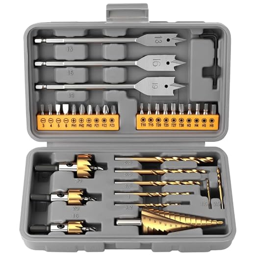 35-Pieces HSS Metal Drill Bits Set, Screwdriver Bit Titanium Step Bits Paddle Flat Bits Twist Step Drills Hex Shank Hole Saw Kit, High Speed Steel, Industrial Drill Bits
