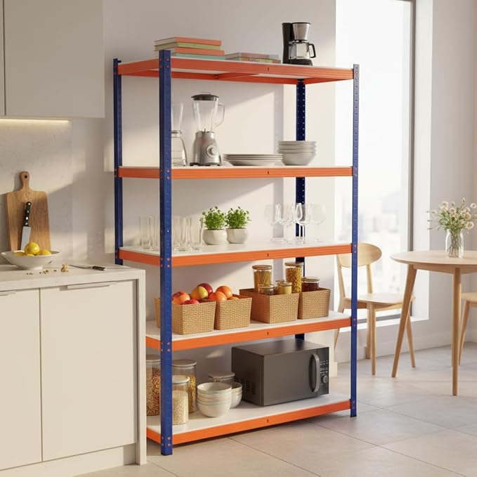 Heavy Duty Storage Shelving Unit, 5-Tier Metal Rack, Blue and Orange Iron Frame, 70.8x35.4x15.7 Inches, Multipurpose Organization for Garage, Kitchen, Office