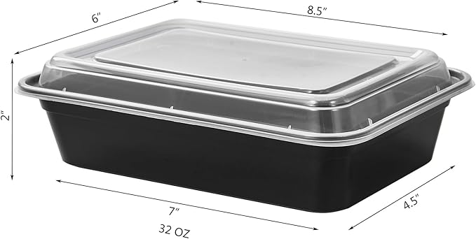 FULING 32 oz 50Pack Plastic Meal Prep Food Storage Containers with Lids Reusable 1 Compartment To Go Lunch Box Black Extra Large &Thick Microwave Freezer Dishwasher Safe BPA Free Stackable