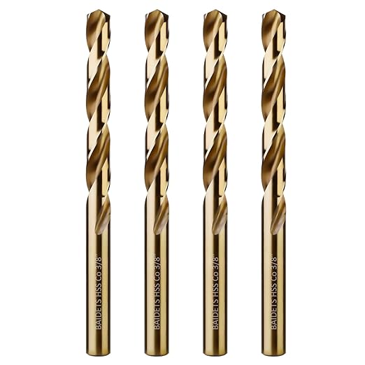 3/8 Inch Cobalt Drill Bits - Set of 4 Pcs, BAIDETS M35 High Speed Steel Jobber Drill Bits, Twist Drill Bits Set for Hard Metal, Stainless Steel, Cast Iron, Plastic and Wood
