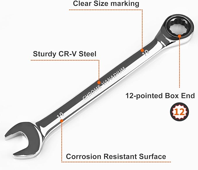 Egofine 10mm Wrench Metric and 7/16 Wrench, Metric and Standard Wrench Set, Industrial Grade Gear Spanner with 12 Point Box End, 72-Teeth Ratchet, Chrome Vanadium Steel