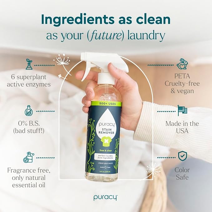 Puracy Stain Remover, Travel and Laundry Stain Cleaner for Clothes, Baby Essentials, Kids Stains, Oil and Fabric Spot Cleaner, Unscented (Stain Remover Spray, 12 fl oz)