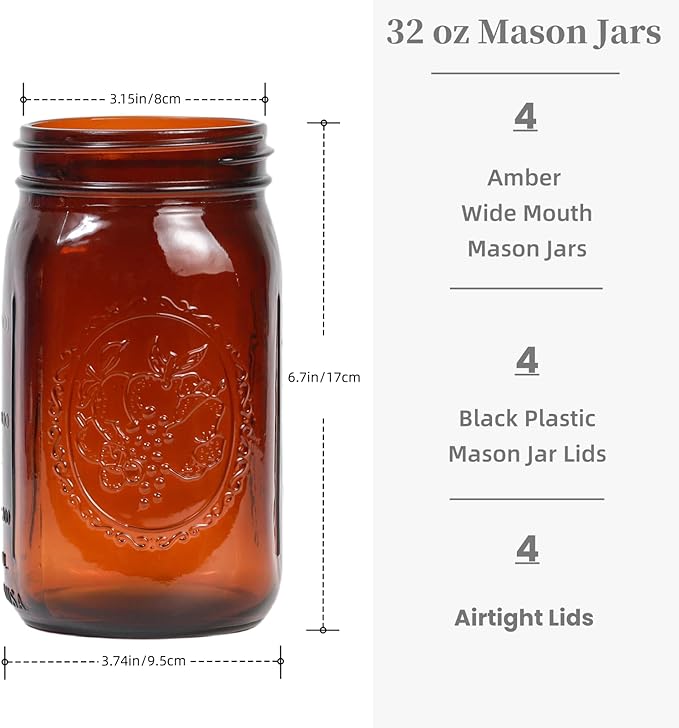 4 Pack 32 oz Amber Wide Mouth Mason Jars with Airtight Lids and Black Plastic Mason Jar Lids, Amber Canning Jars
