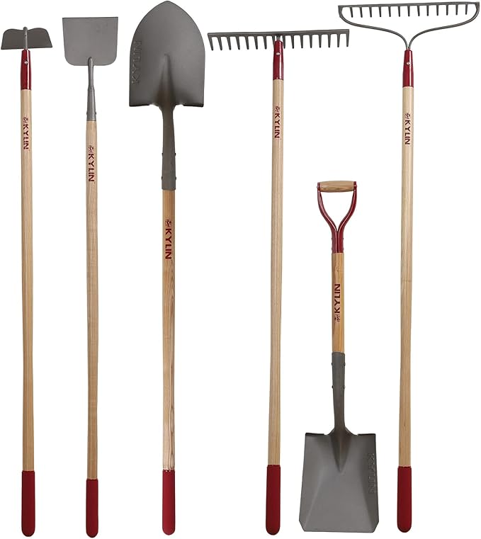 KYLIN 6-Piece Pro Long Ash Handle Garden Tools Set for Landscaping Agricture or Backyard,14-Gauge Shovels,Forged Rakes,Forged Weeding Hoe Sidewalk Scraper,