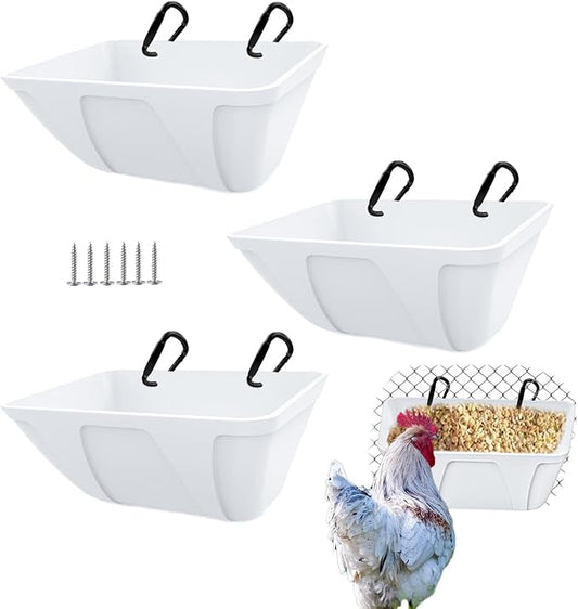 Hanging Chicken Feeder Trough for Goat Sheep Deer Poultry Duck Chicken Fence Feeder Livestock Feeding Container Goats Supplies Feeders Waterer Bucket (White)