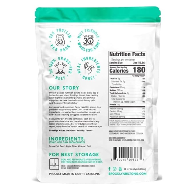 Brooklyn Biltong Carnivore Snack, Air Dried Grass Fed Beef, South African Beef Jerky (2 oz, Pack of 2) - AIP Approved, Paleo, Keto, Gluten Free, Only Salt, Water, and Vinegar, Made in USA - (Naked Classic)